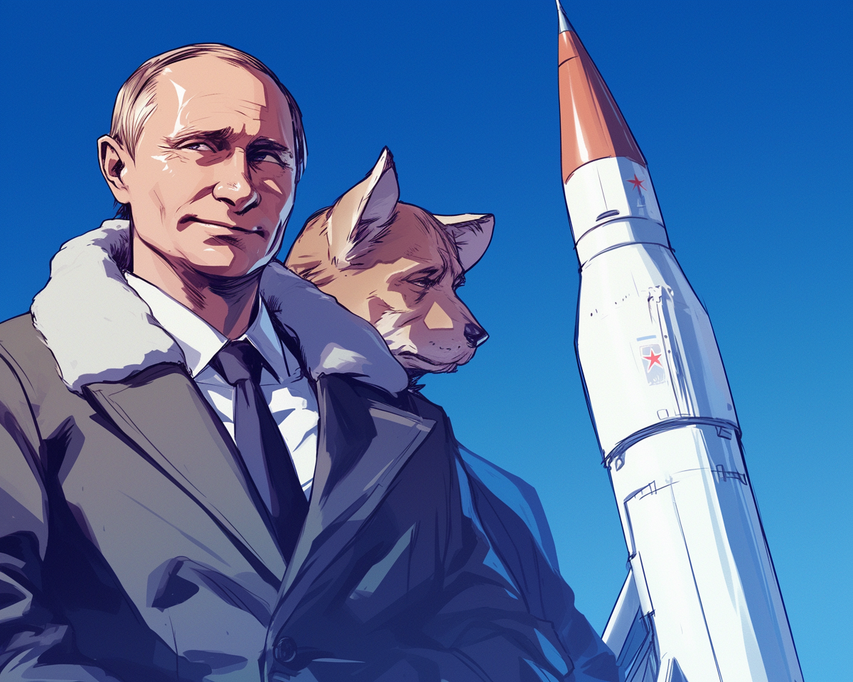 Путин улыбается на фоне ракеты